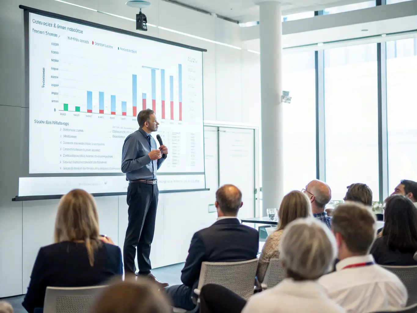 A photograph of a speaker presenting on stage at the HR & Career Conference, discussing economic trends and their impact on career development and organisational success.