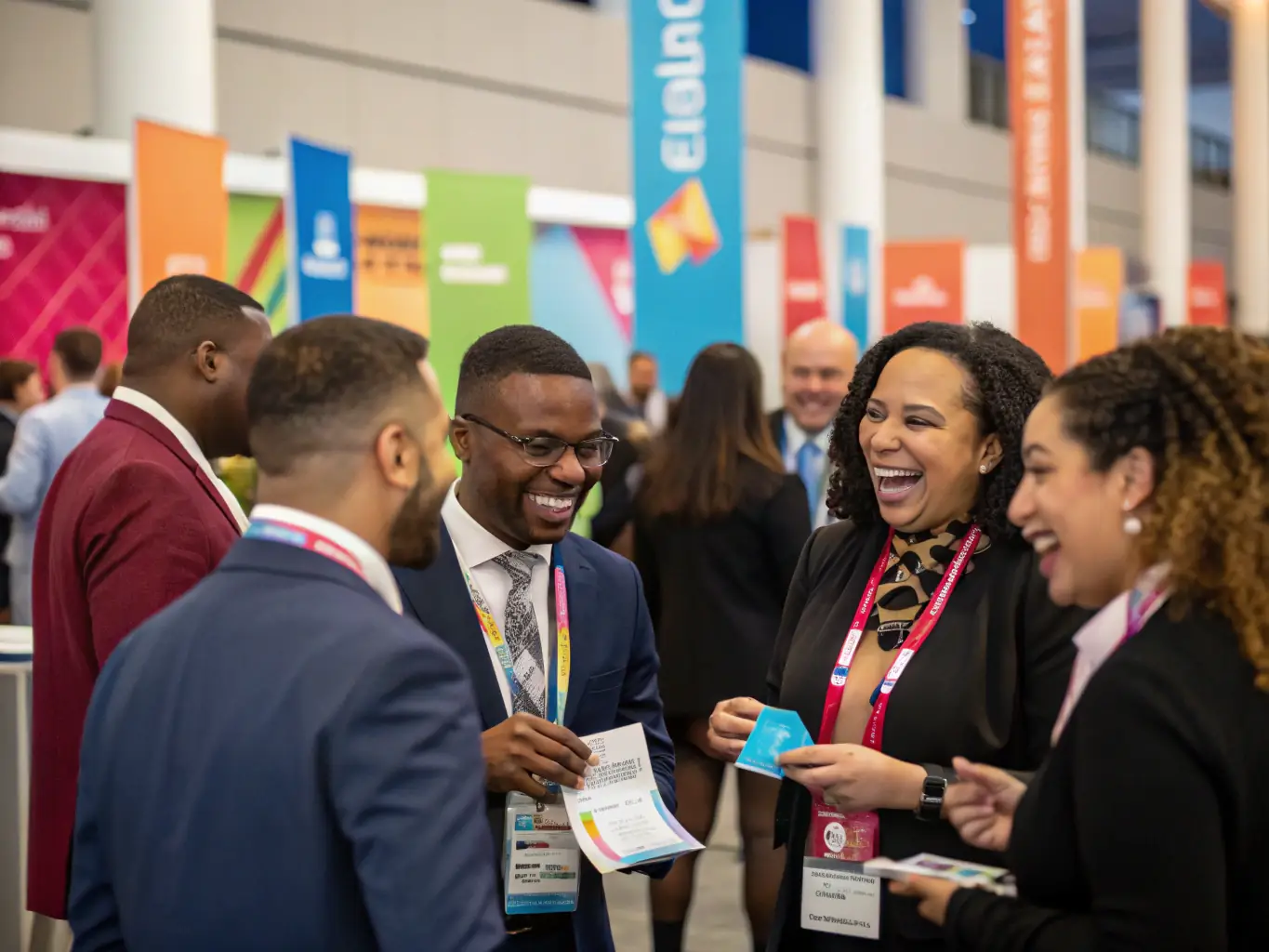 A group of attendees networking during a coffee break at the HR & Career Conference, exchanging business cards and engaging in conversation about investment and financial growth.
